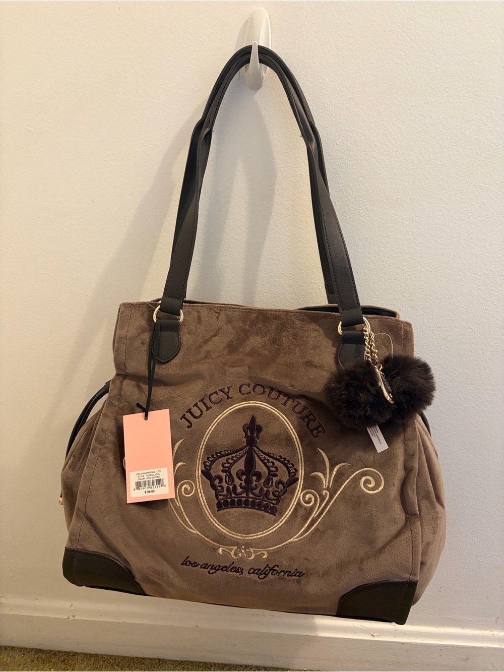 Juicy Couture Taupe Suede Tote with Dark Brown Handles & Pom